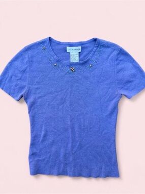 Vintage y2k Sag Harbor Periwinkle Beaded Short Sleeve Knit Top
